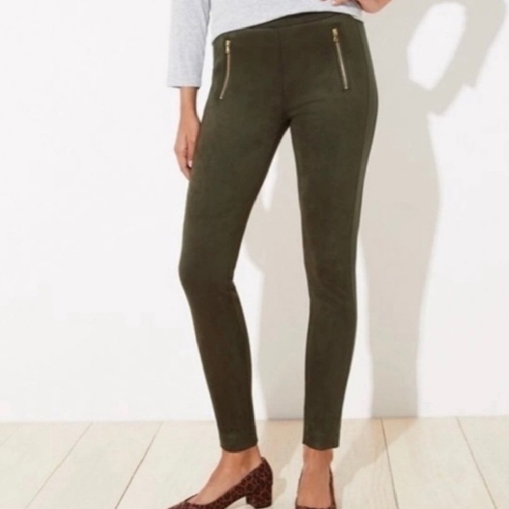 LOFT Petites Olive Green Chic Gold Zip Detail Faux Suede Pull- On Pants SP